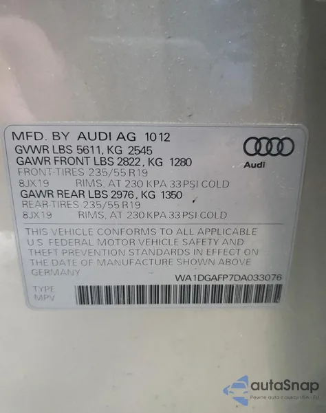 2013 Audi Q5 Premium Plus из США, поврежденный, VIN WA1DGAFP7DA033076